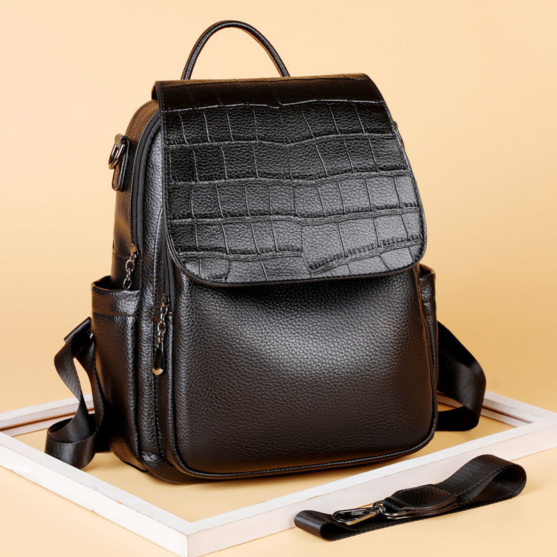 Women's Textured Faux Leather Backpack with Croc-Embossed Flap