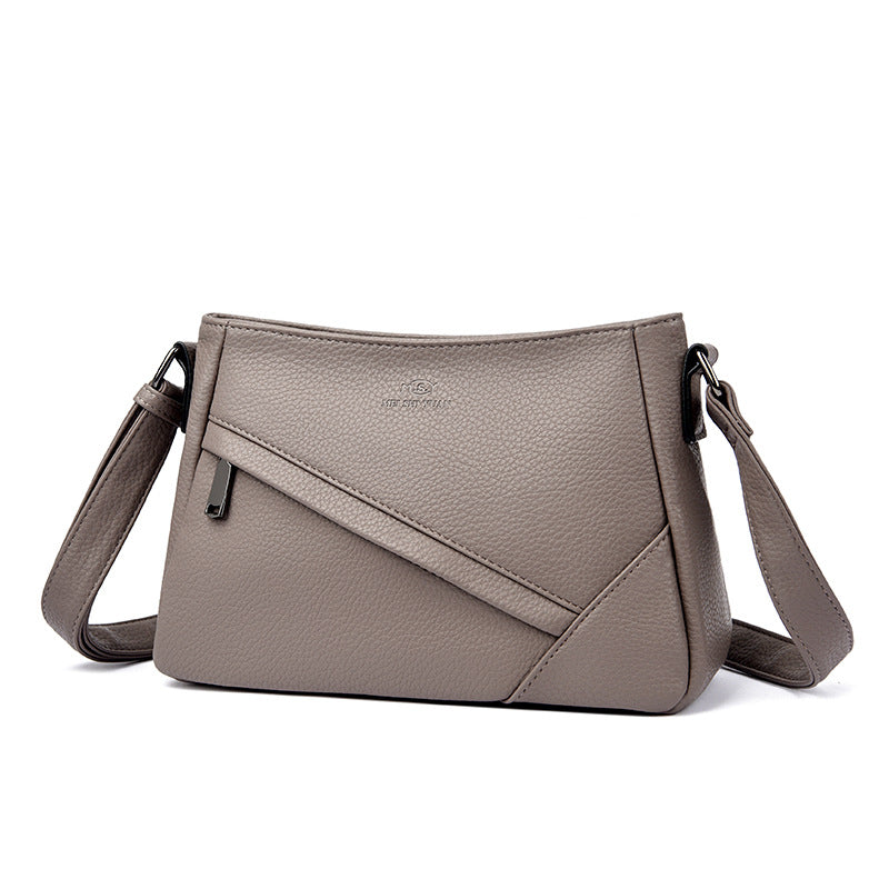 Women's Pebbled Leather Crossbody Shoulder Bag with Angled Zip Pocket