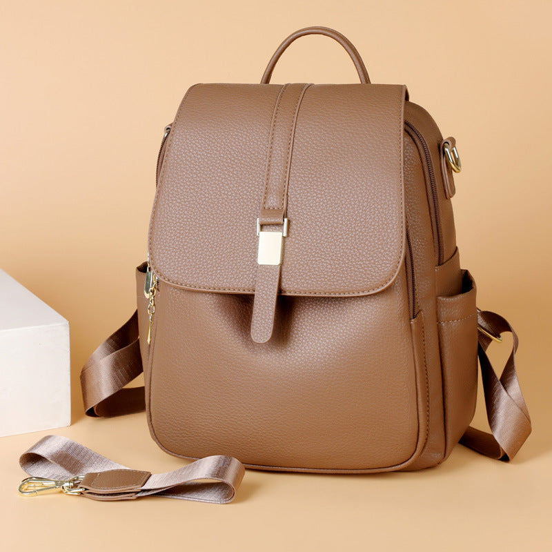 Women's Structured Pebbled Faux Leather Backpack with Anti-Theft Flap