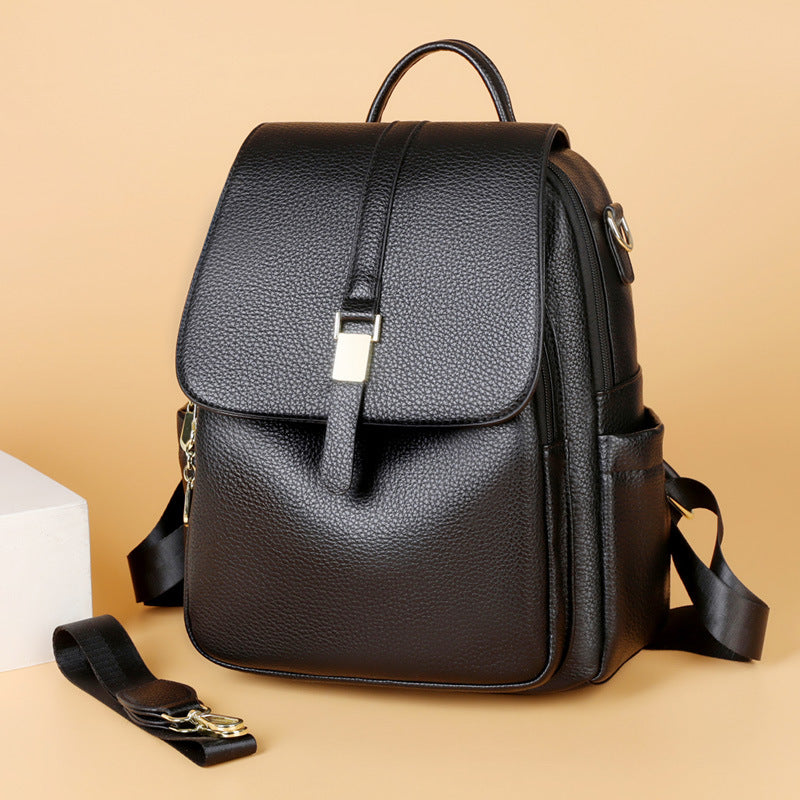 Women's Structured Pebbled Faux Leather Backpack with Anti-Theft Flap
