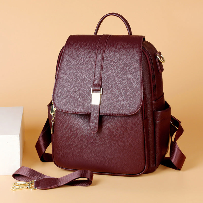 Women's Structured Pebbled Faux Leather Backpack with Anti-Theft Flap
