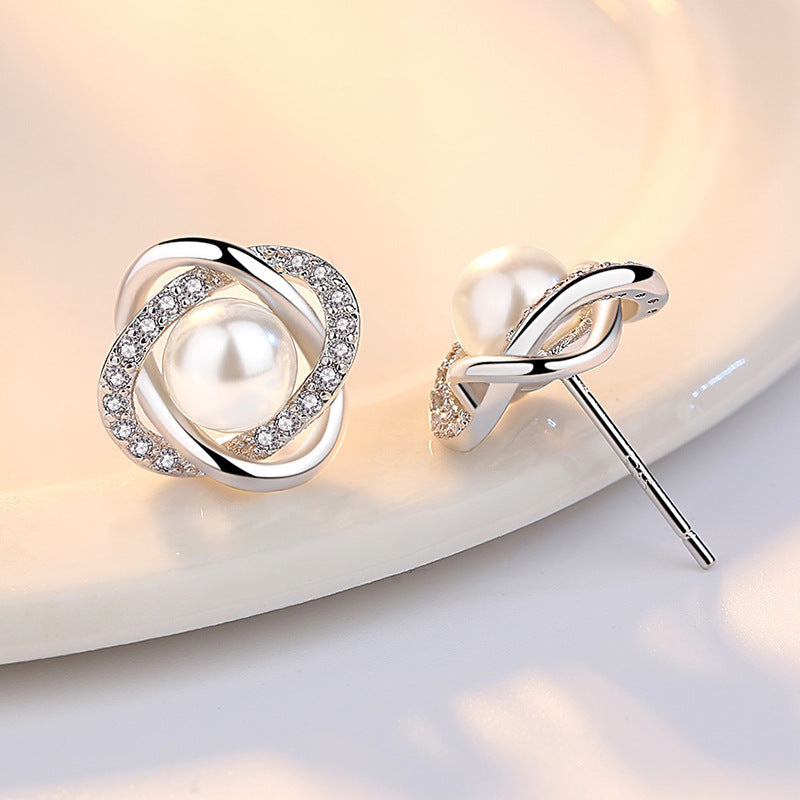 Women's Earrings with Artistic Pearl Design and Sparkling Zirconia