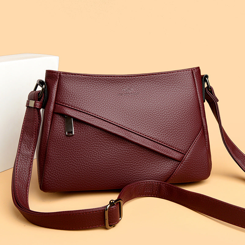 Women's Pebbled Leather Crossbody Shoulder Bag with Angled Zip Pocket