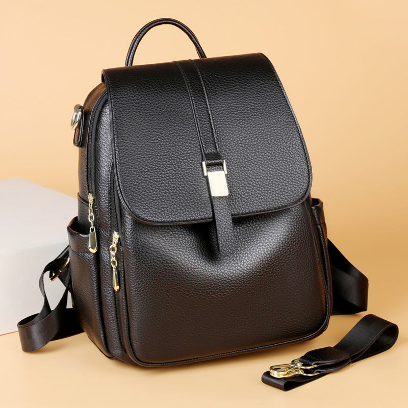 Women's Structured Pebbled Faux Leather Backpack with Anti-Theft Flap