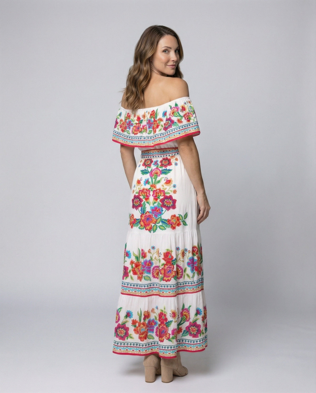 Women's Off-Shoulder Maxi Dress with Floral Patterns - Back View