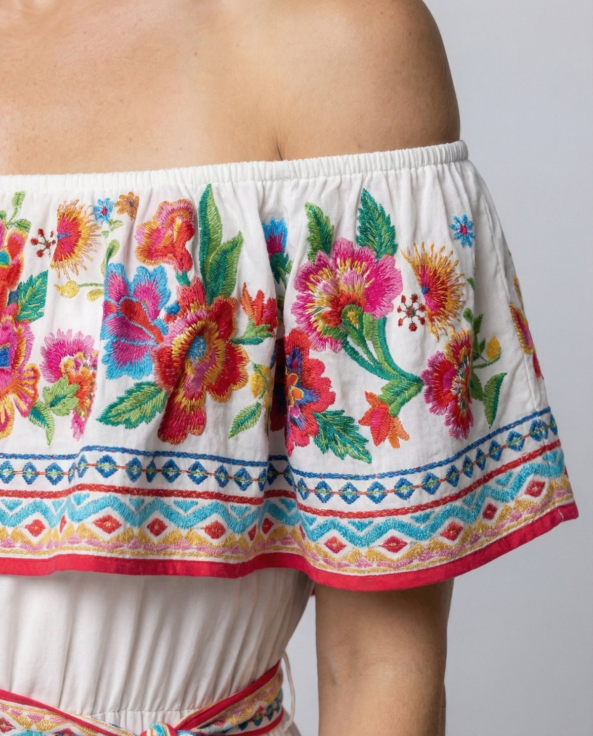 Women's Off-Shoulder Maxi Dress with Floral Patterns - Close-Up Detail