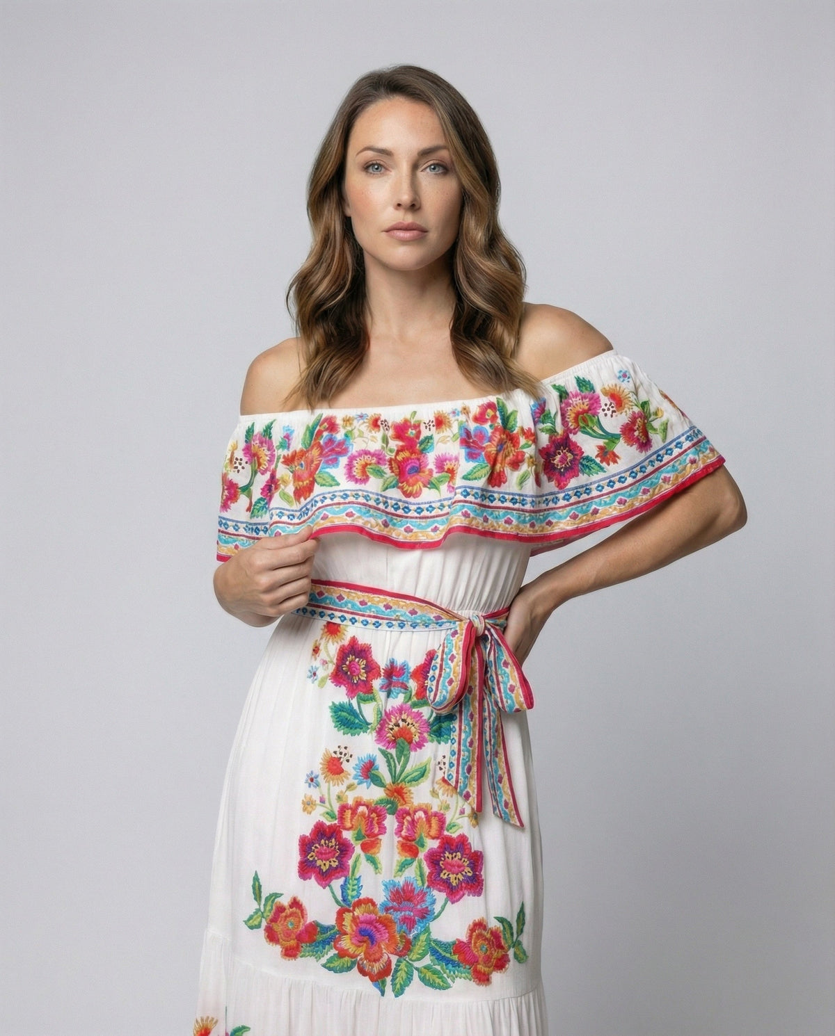 Women's Off-Shoulder Maxi Dress with Floral Patterns - Upper Body View