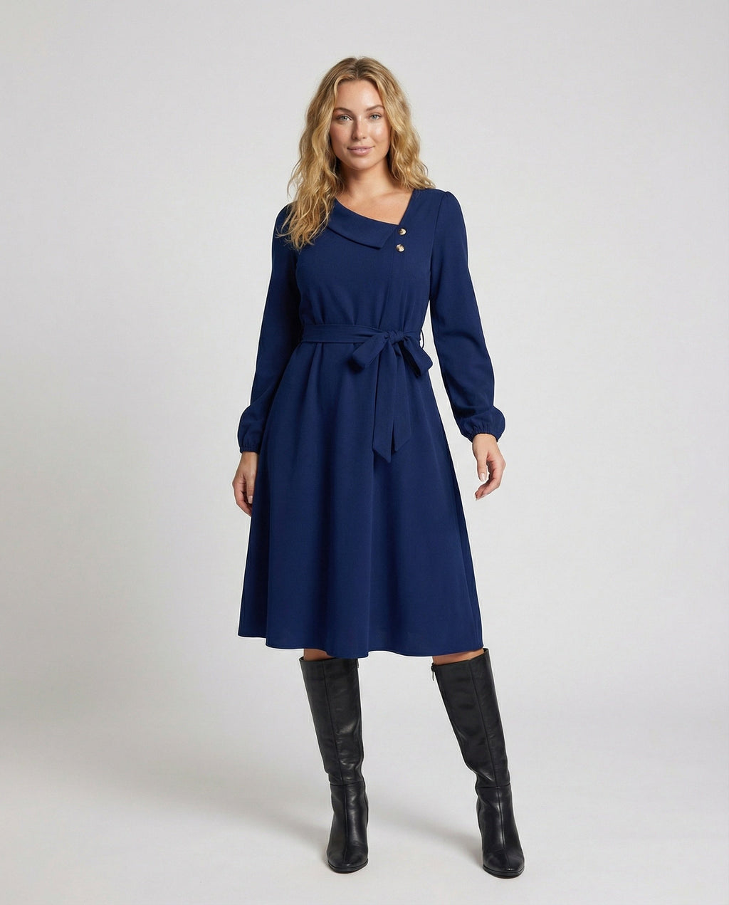 Women's Midi Dress with Tailored Cut and Button Details - Front View