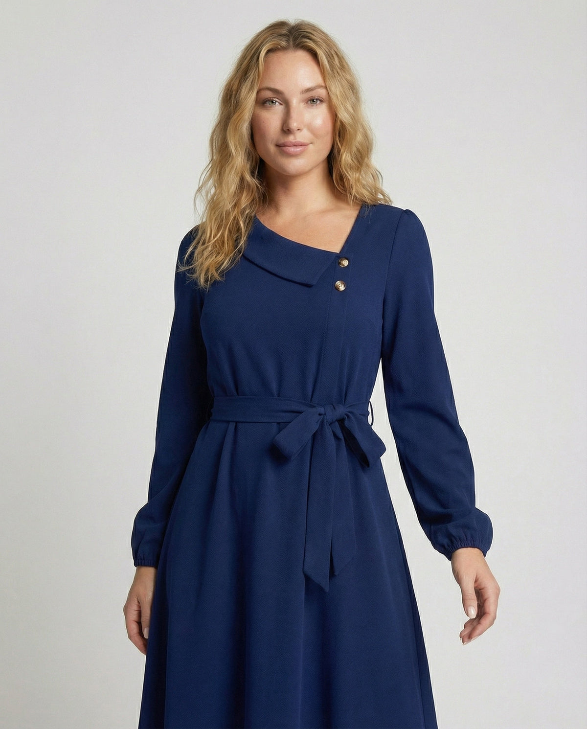 Women's Midi Dress with Tailored Cut and Button Details - Upper Body View