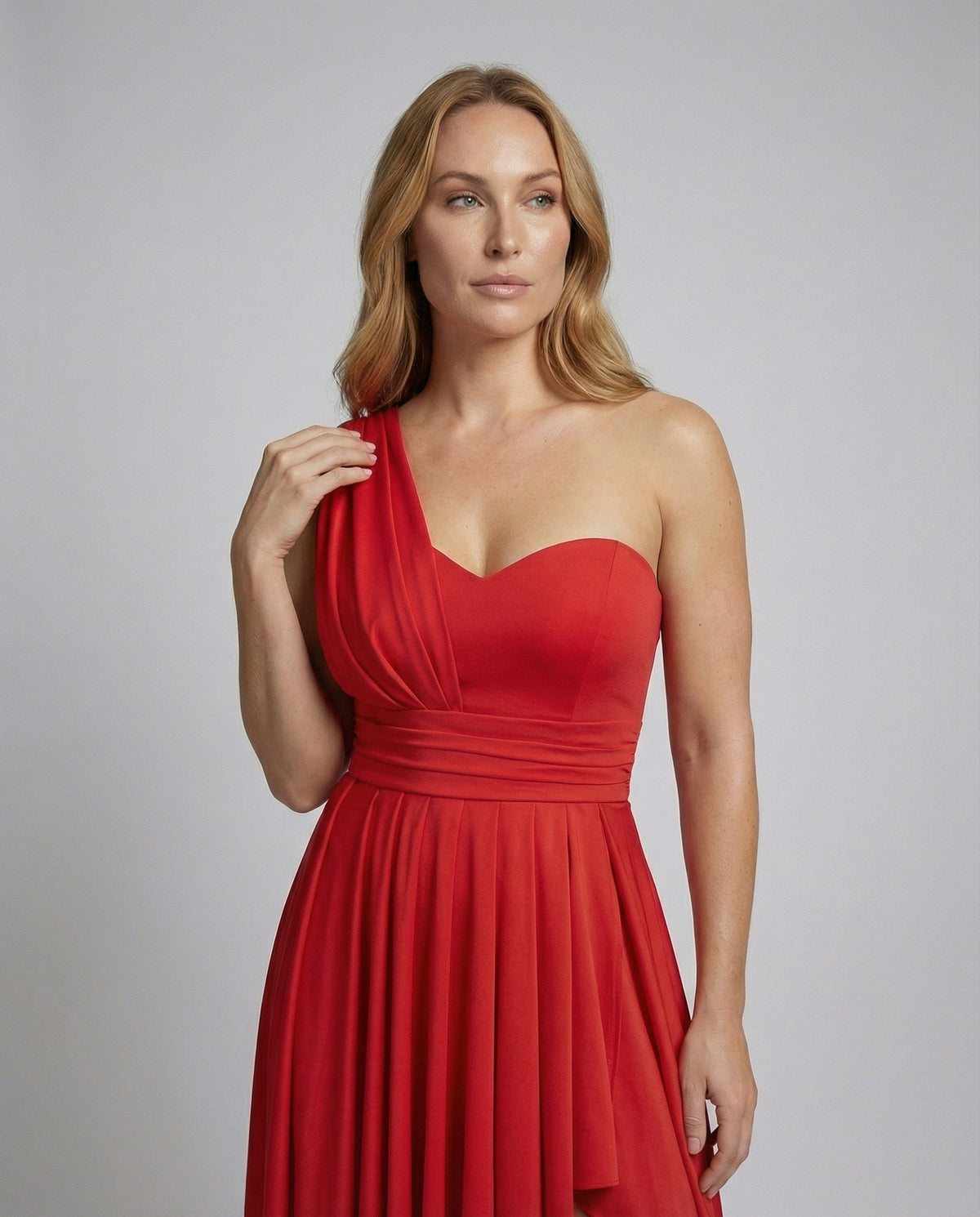 Women's Elegant Maxi Dress with Asymmetrical Hem and Ruffle Details - Upper Body View