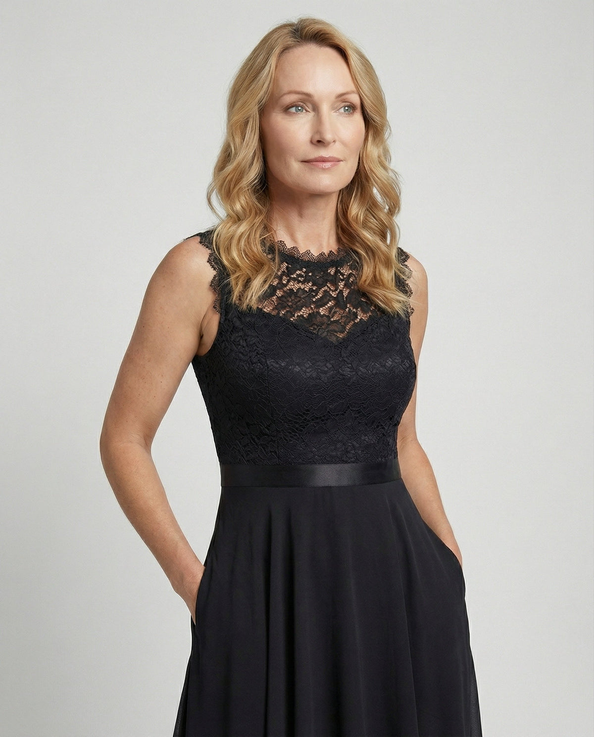 Elegant Evening Dress with Lace and Chiffon - Upper Body View