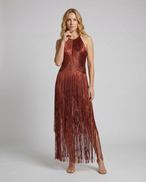 Fringed Evening Dress for Women with Halter Neck - Front View