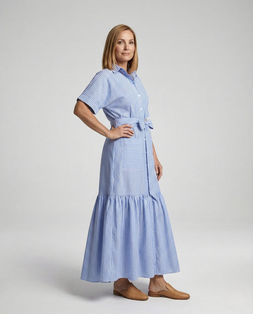 Maxi Dress Women's Shirt Dress with Belt - Front View
