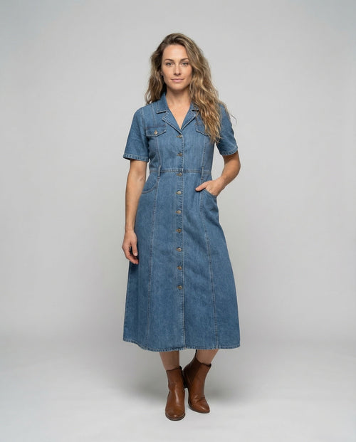 Leisure Dress Women Denim Midi Dress - Front View