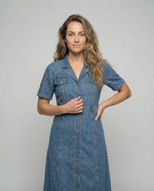 Leisure Dress Women Denim Midi Dress - Upper Body View