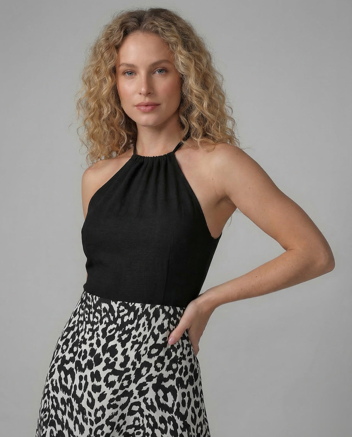 Casual Dress Women Halter Midi Dress - Upper Body View