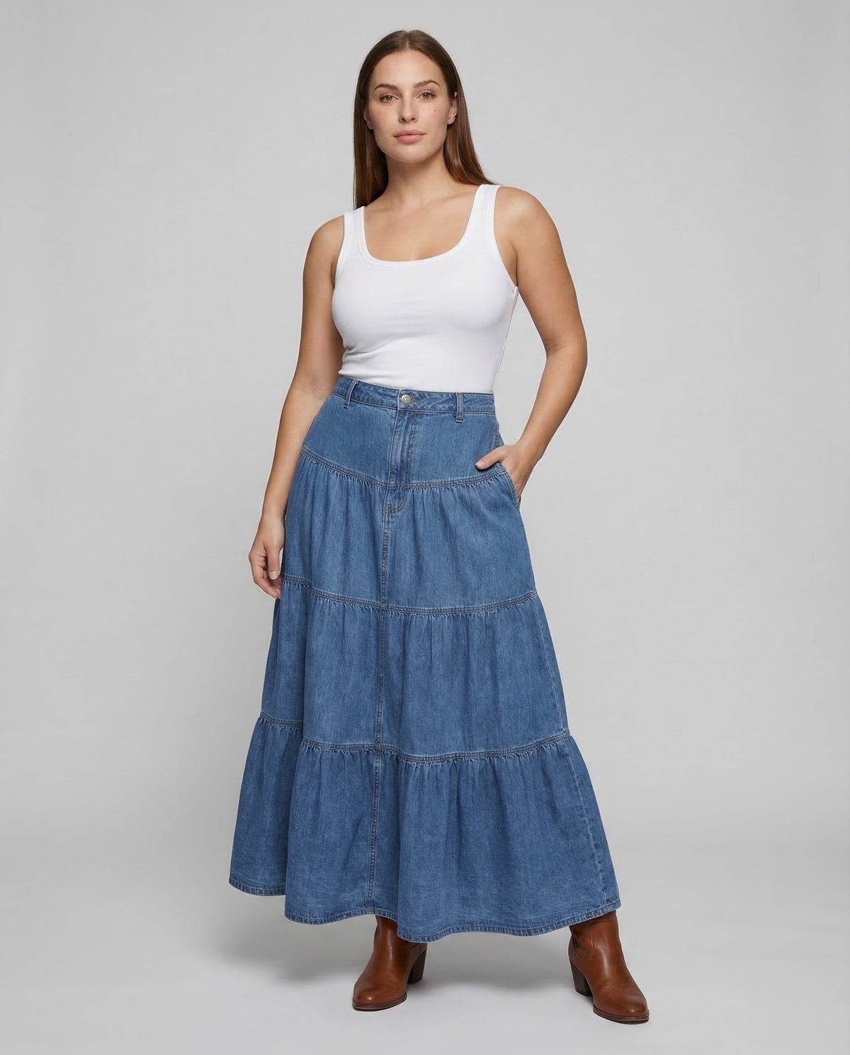 Boho Maxi Dress Denim Light Women - Front View