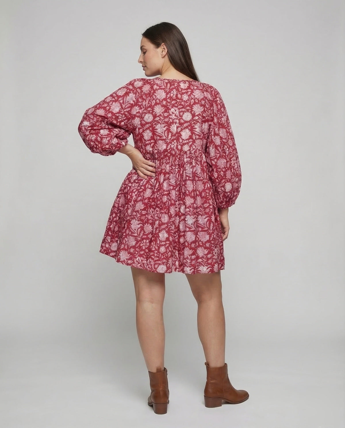 Babydoll Dress Women V-Neck Puff Sleeves - Back View