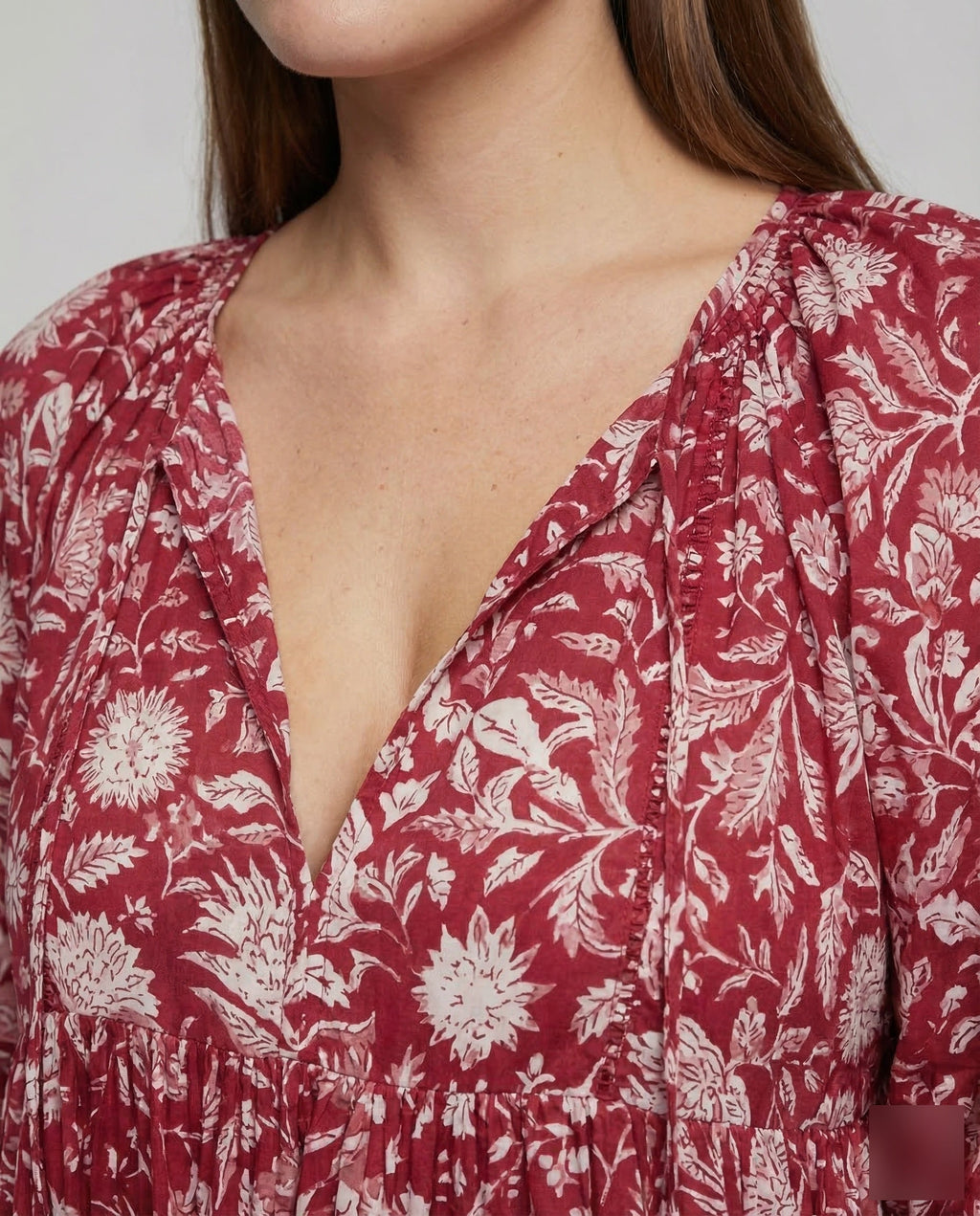 Babydoll Dress Women V-Neck Puff Sleeves - Close-Up Detail