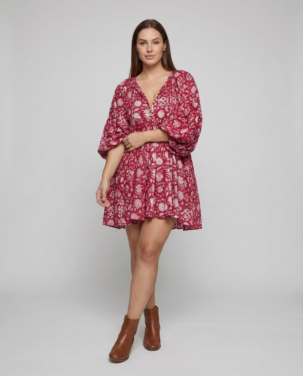 Babydoll Dress Women V-Neck Puff Sleeves - Front View