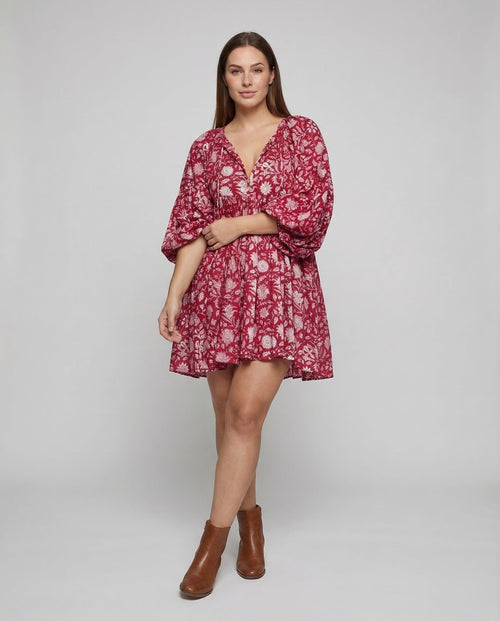 Babydoll Dress Women V-Neck Puff Sleeves - Front View