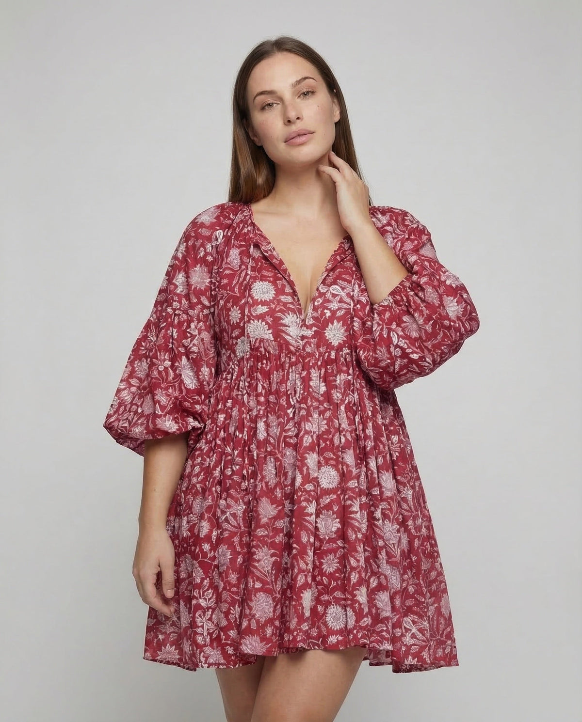 Babydoll Dress Women V-Neck Puff Sleeves - Upper Body View