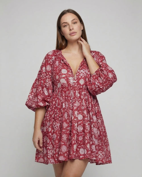 Babydoll Dress Women V-Neck Puff Sleeves - Upper Body View