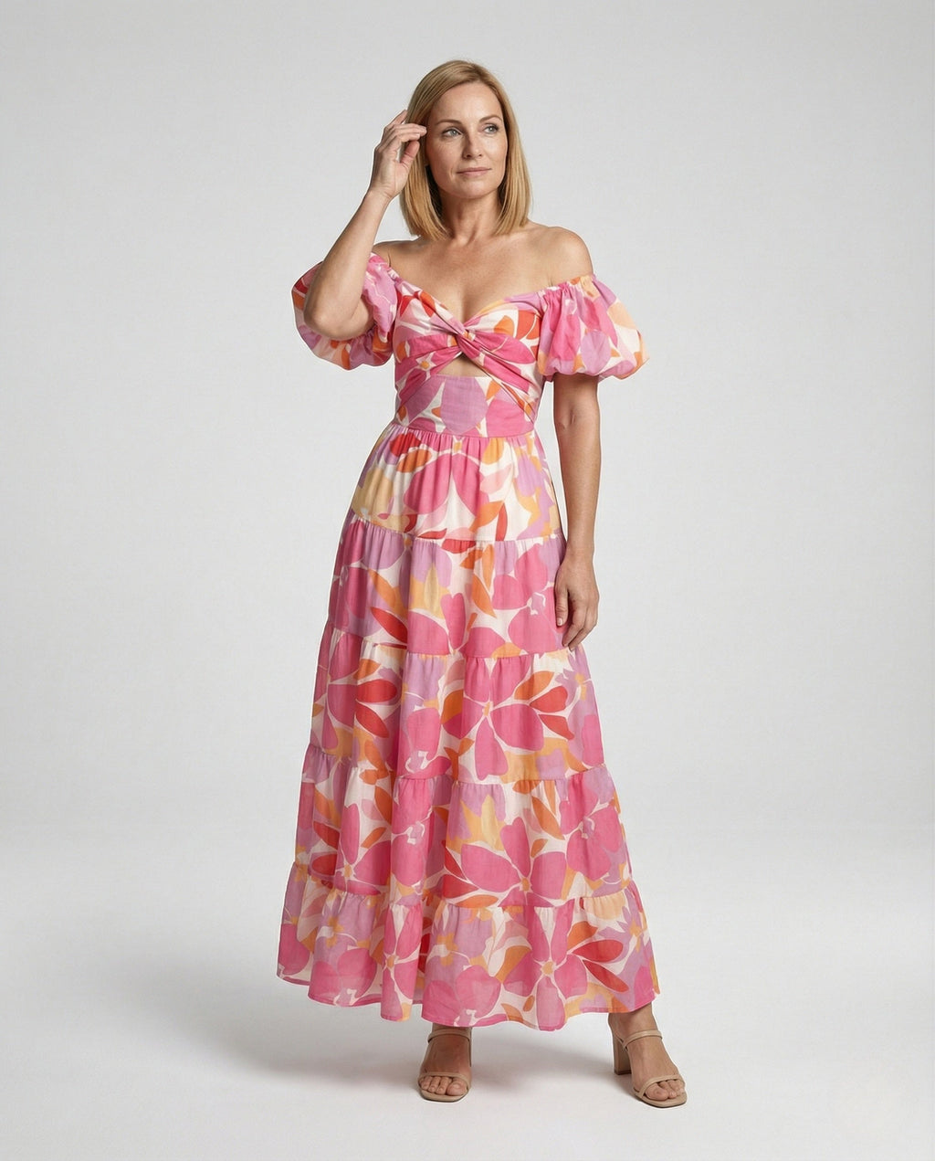 Carmen Maxi Dress with Puff Sleeves Women - Front View