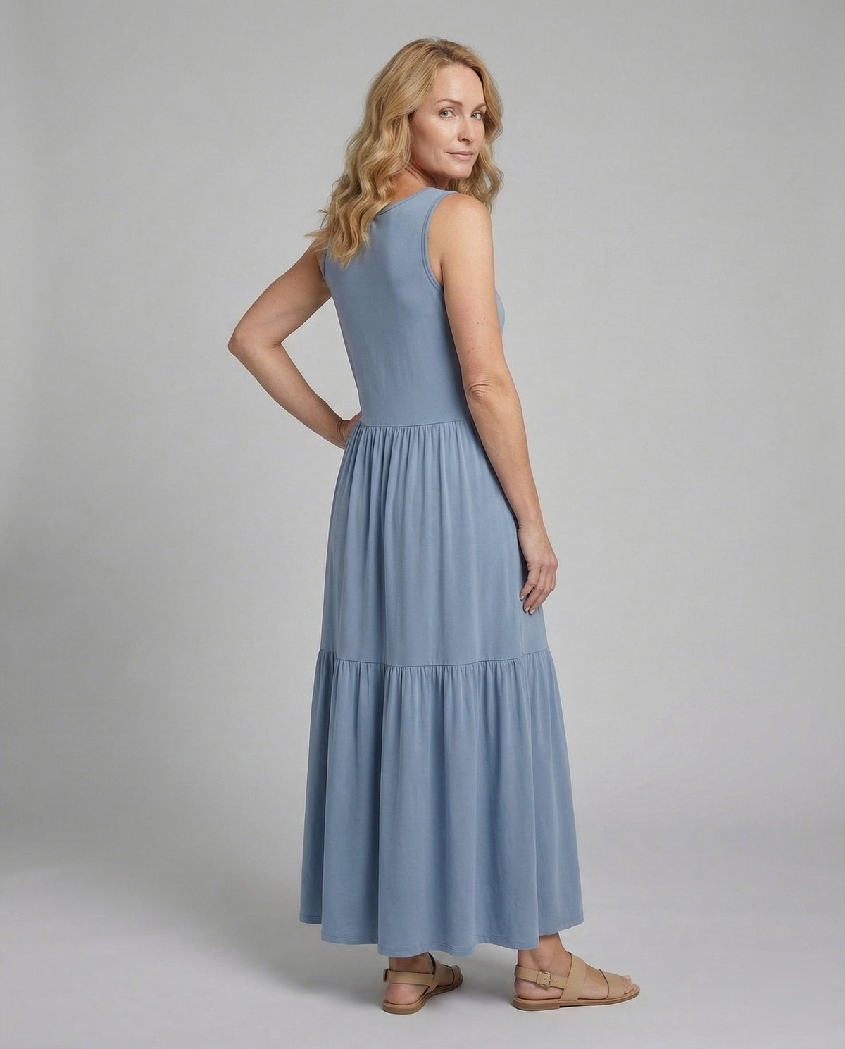Maxi Dress Sleeveless with Tiered Skirt A-Line Women - Back View