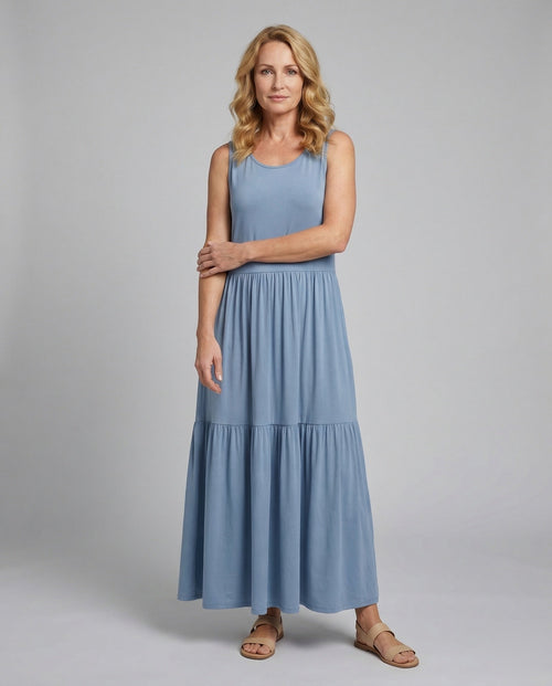 Maxi Dress Sleeveless with Tiered Skirt A-Line Women - Front View