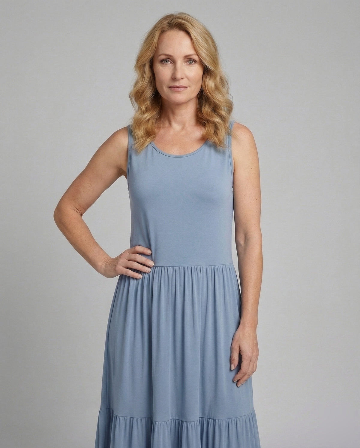 Maxi Dress Sleeveless with Tiered Skirt A-Line Women - Upper Body View