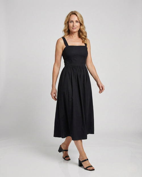 Satin Midi Dress with Square Neckline Women - Front View