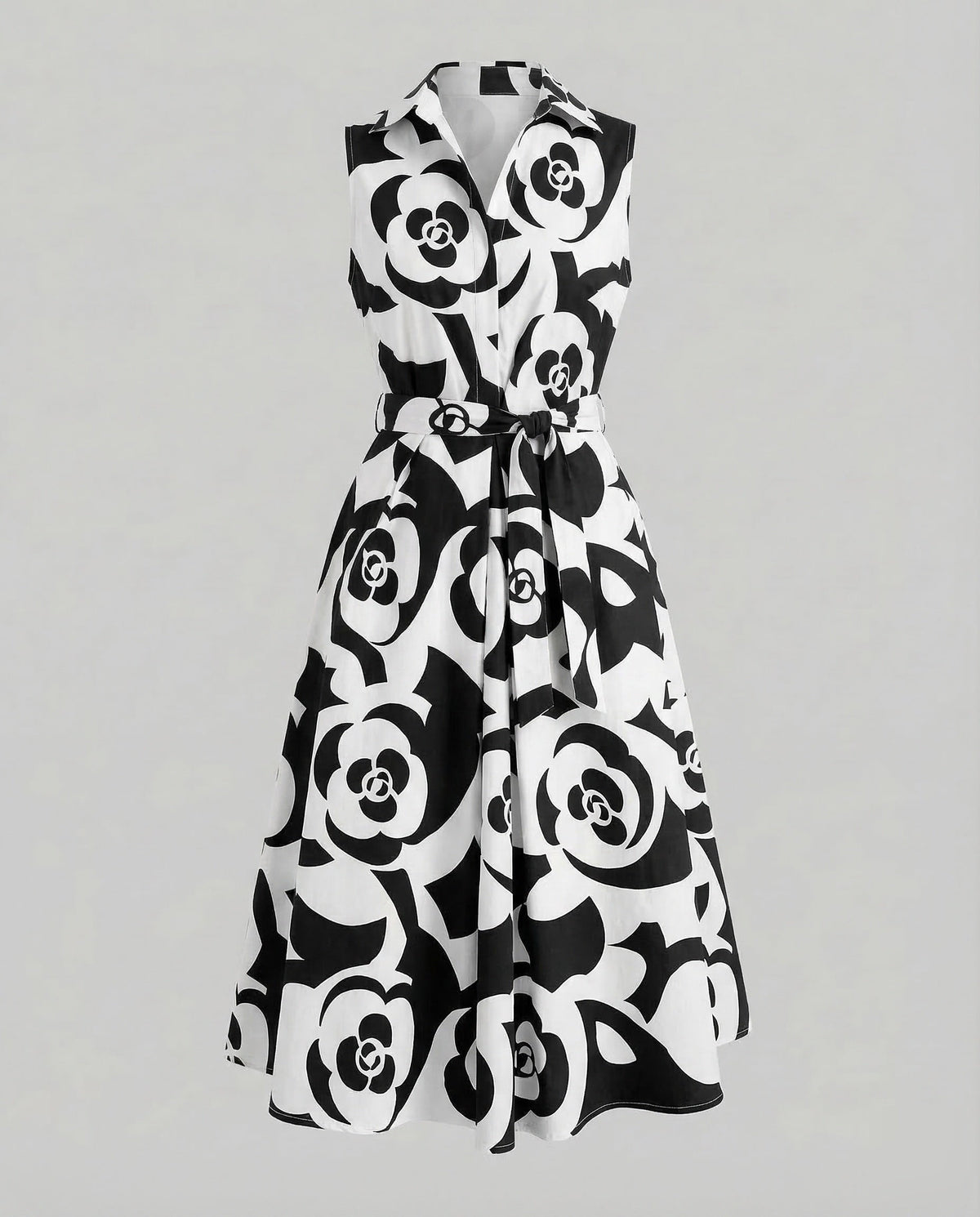 Women's Sleeveless Dot Midi Dress with Notched Collar and A-Line