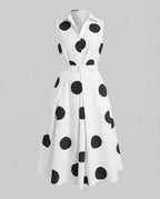 Women's Sleeveless Dot Midi Dress with Notched Collar and A-Line