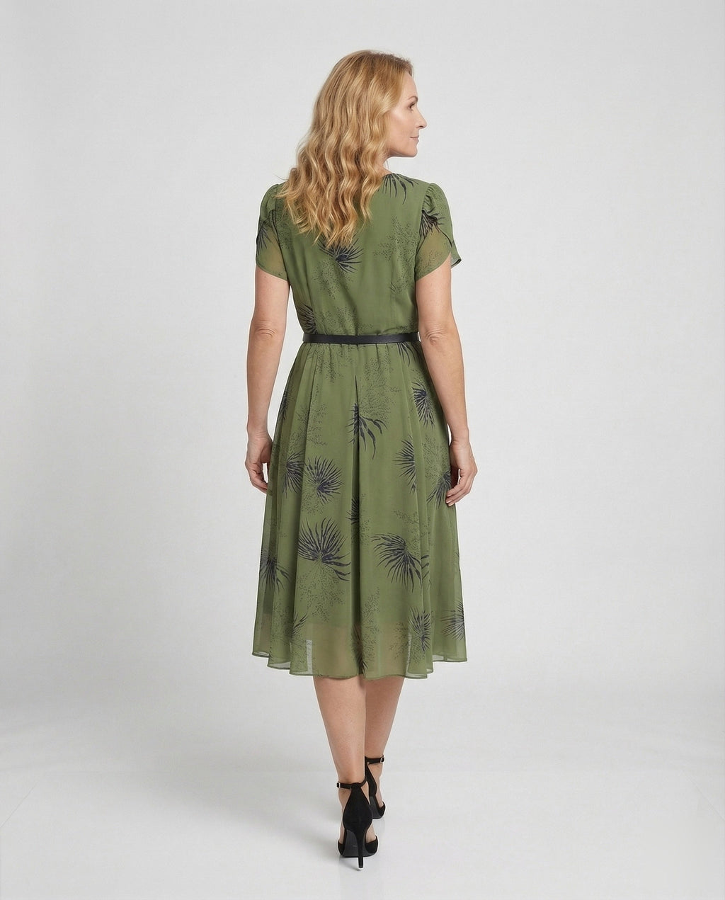 Women's Chiffon Midi Dress with Waist Belt and Palm Pattern - Back View