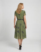 Women's Chiffon Midi Dress with Waist Belt and Palm Pattern - Back View