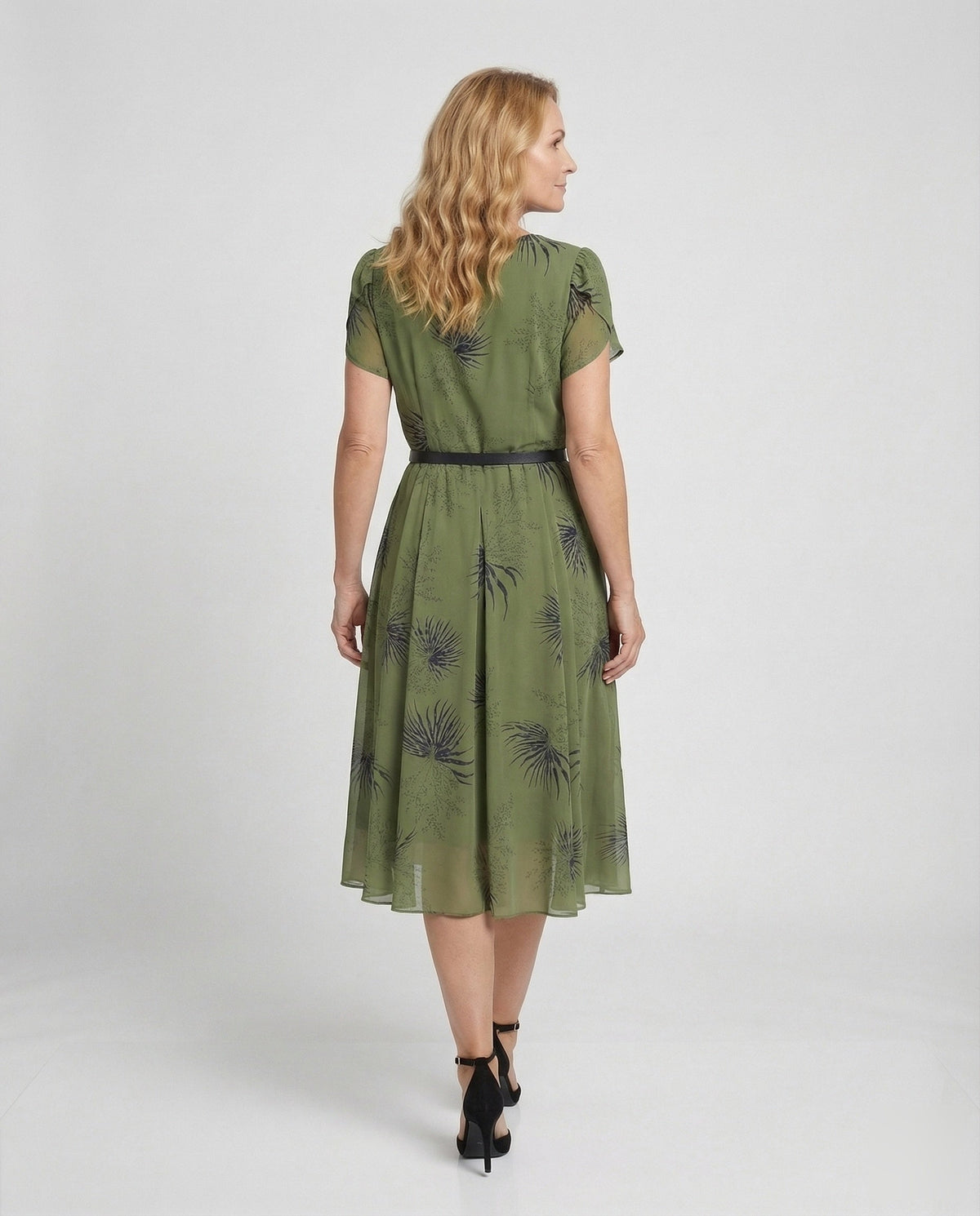 Women's Chiffon Midi Dress with Waist Belt and Palm Pattern - Back View