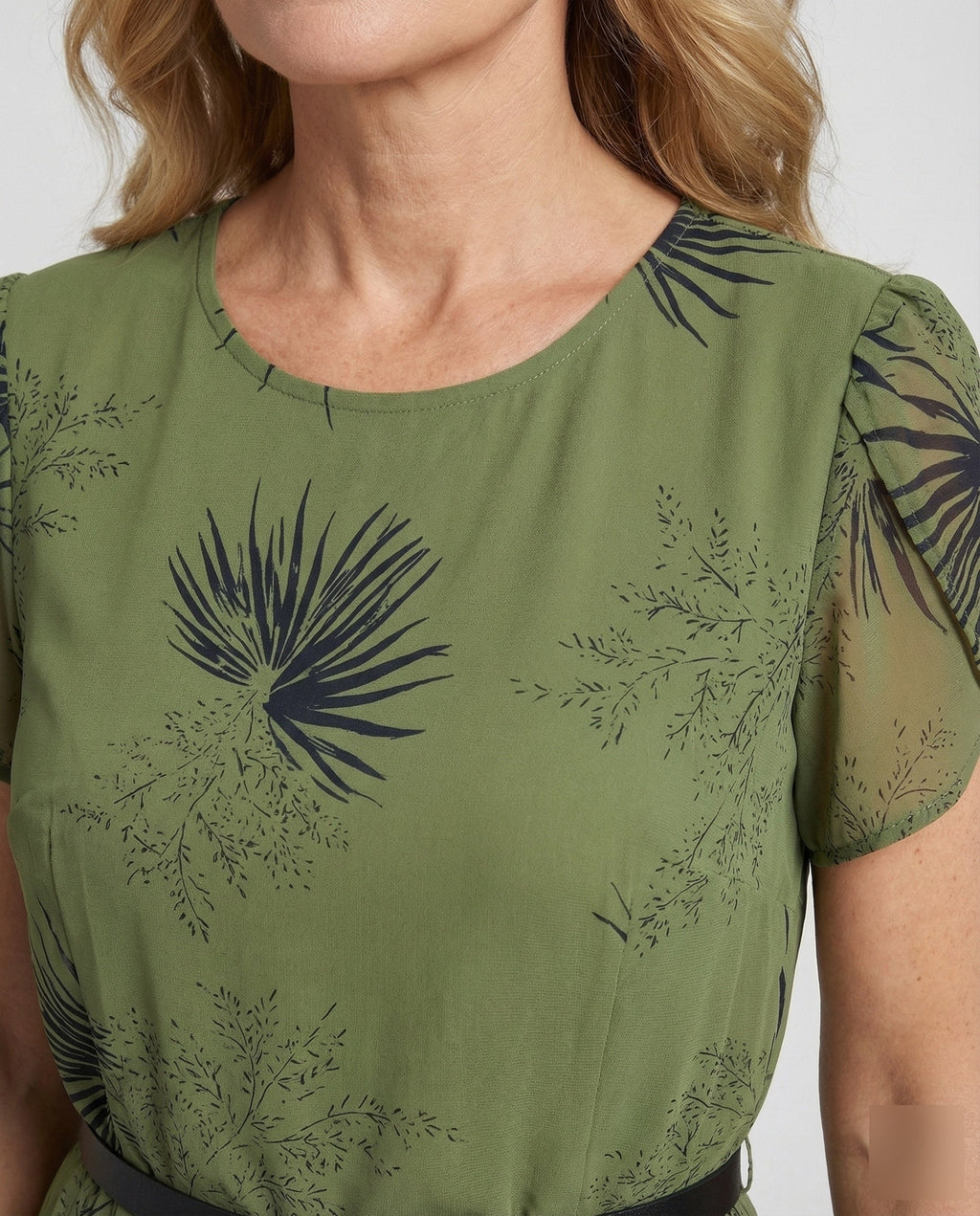 Women's Chiffon Midi Dress with Waist Belt and Palm Pattern - Close-Up Detail