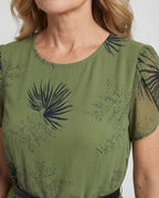 Women's Chiffon Midi Dress with Waist Belt and Palm Pattern - Close-Up Detail