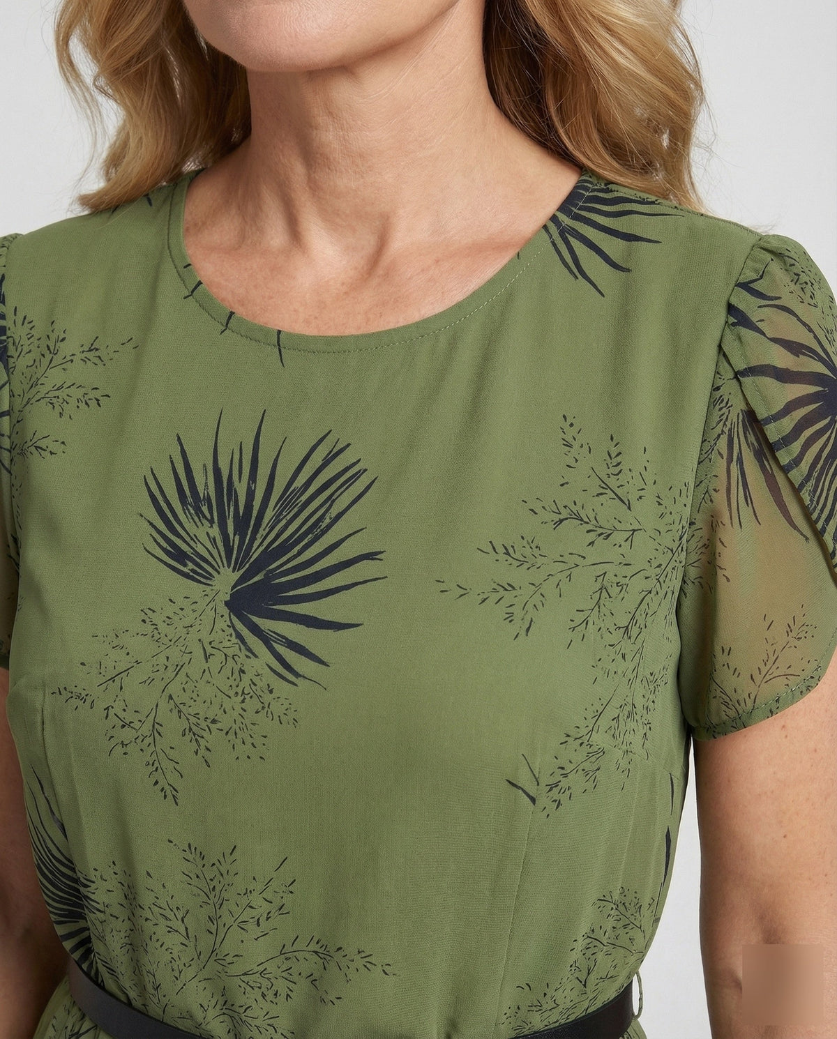 Women's Chiffon Midi Dress with Waist Belt and Palm Pattern - Close-Up Detail