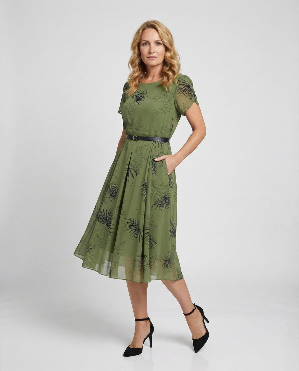 Women's Chiffon Midi Dress with Waist Belt and Palm Pattern - Front View