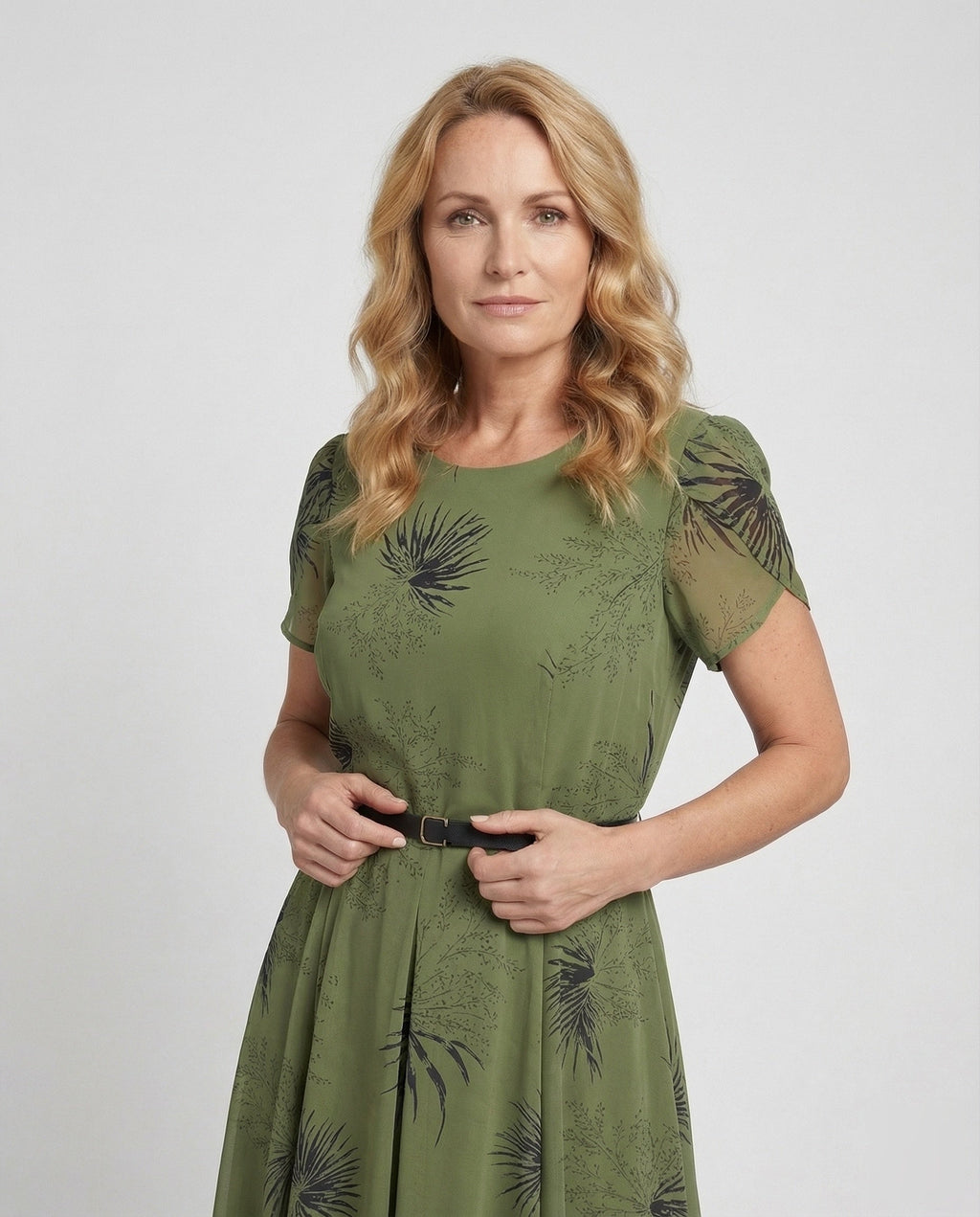 Women's Chiffon Midi Dress with Waist Belt and Palm Pattern - Upper Body View