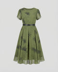 Women's Chiffon Midi Dress with Waist Belt and Palm Pattern