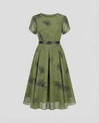 Women's Chiffon Midi Dress with Waist Belt and Palm Pattern
