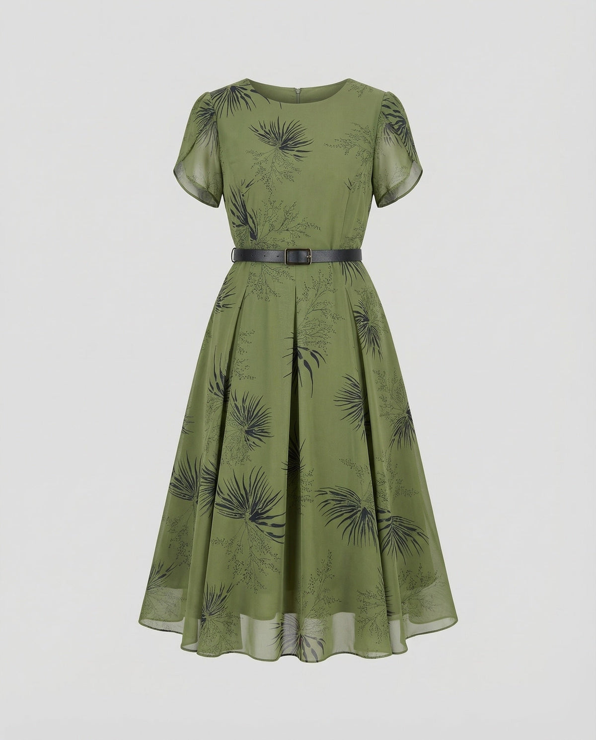 Women's Chiffon Midi Dress with Waist Belt and Palm Pattern