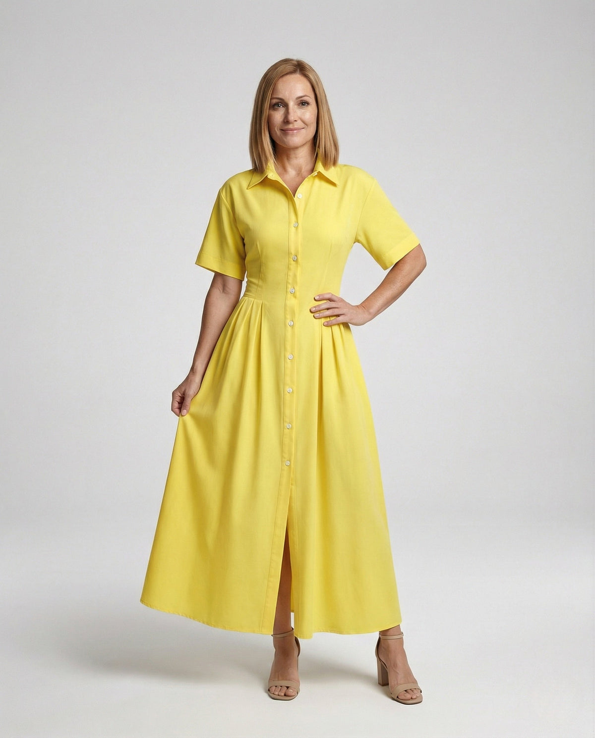 Women's Maxi Dress in Shirt Blouse Style with Leg Slit - Front View