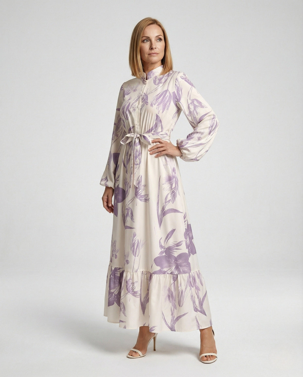 Women's Maxi Dress with Stand Collar and Balloon Sleeves - Front View