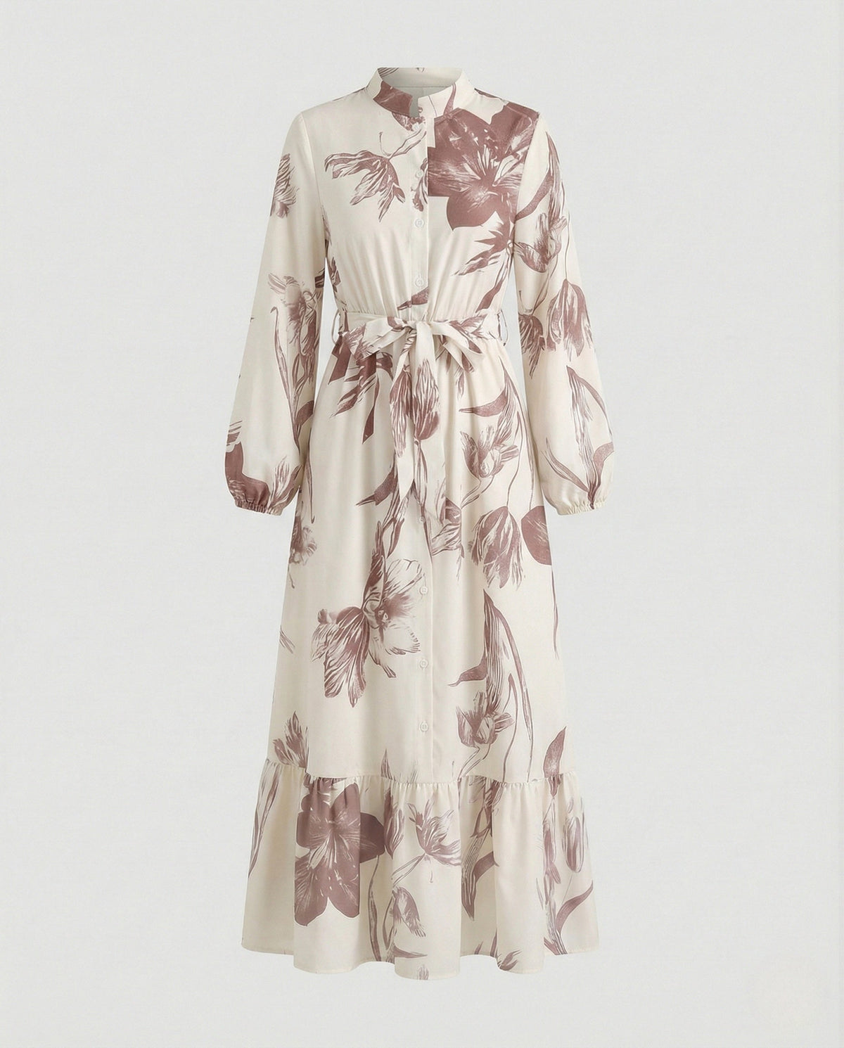 Women's Maxi Dress with Stand Collar and Balloon Sleeves