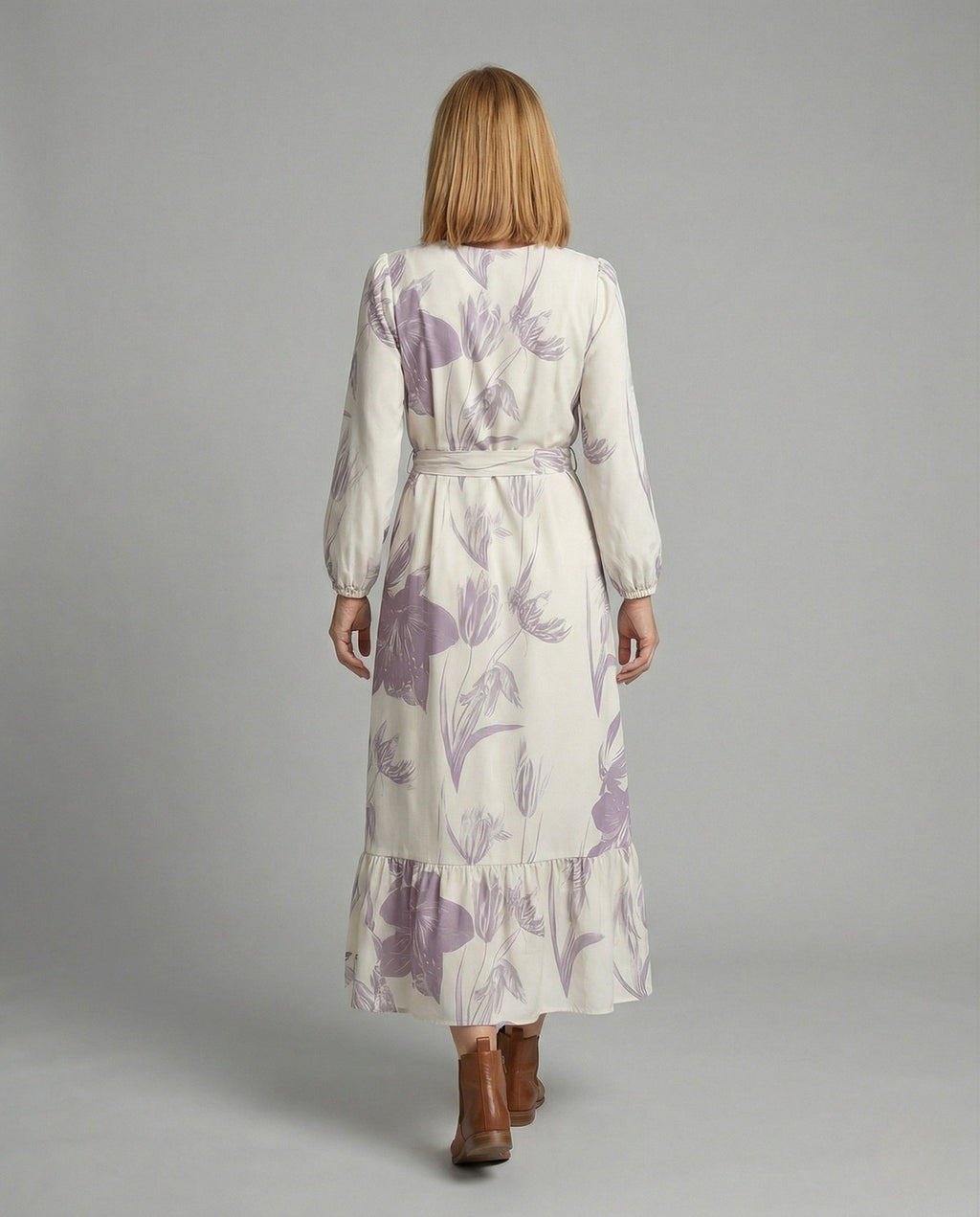 Women's Maxi Dress with Balloon Sleeves and Ruffle Hem - Back View