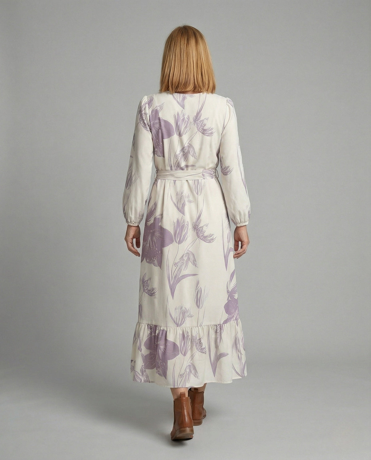 Women's Maxi Dress with Balloon Sleeves and Ruffle Hem - Back View